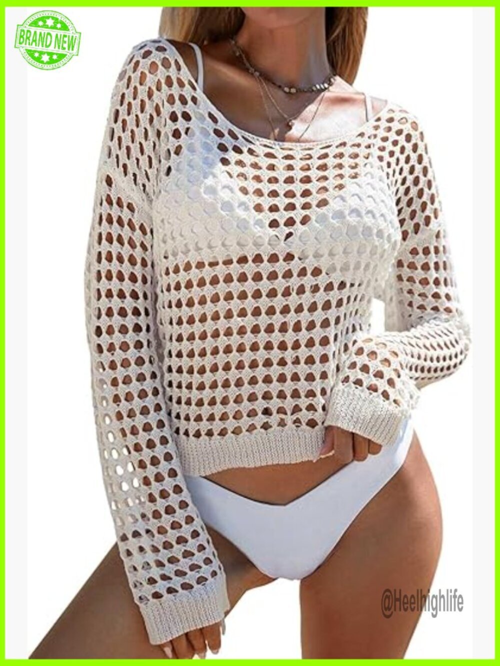 Crochet Swimsuit Coverup Crop Top Off Shoulder Long Sleeve Beach